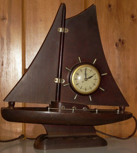 Vintage United Sailboat Boat Ship Wooden Clock WORKS