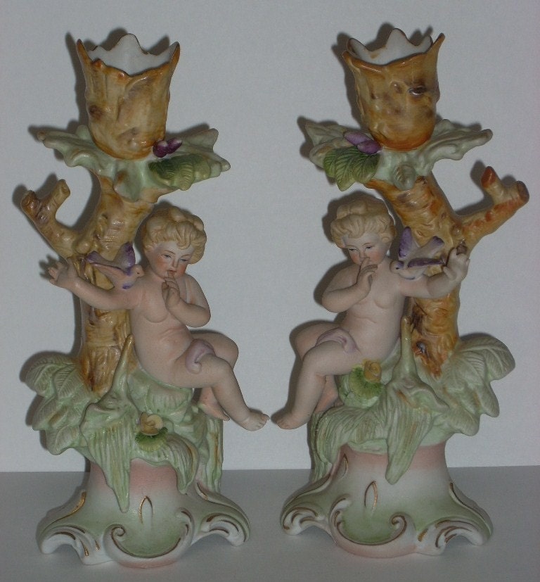 Vintage Bisque Porcelain Cherub Mantle Candle Holders