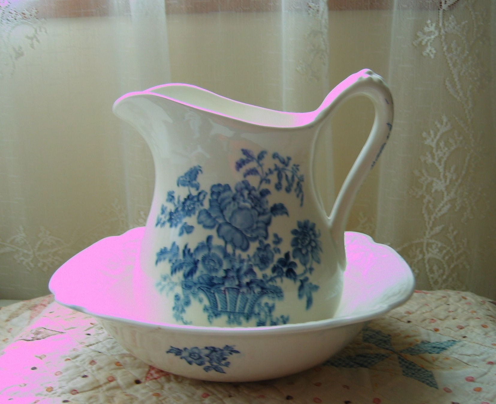Lovely Blue and White Vintage Pitcher and Bowl Set