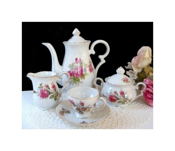 Mini COFFEE POT Set With Sugar Creamer Demitasse Cup Saucer