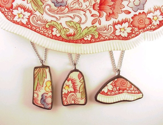 Matching Broken Plate Necklaces red toile Recycled China