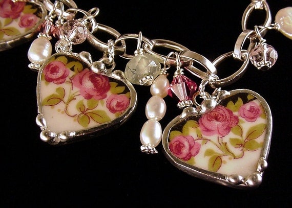 Broken China Jewelry Heart Charm Bracelet Nouveau Roses with Pearls and Gemstones