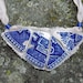 Broken China Jewelry bib style necklace linen and antique Blue Willow broken china