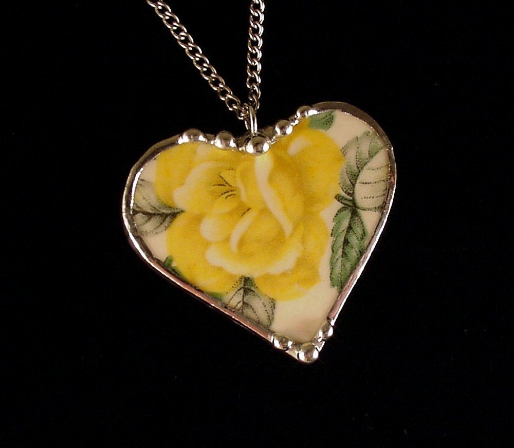 Broken china heart pendant necklace Vintage yellow rose broken
