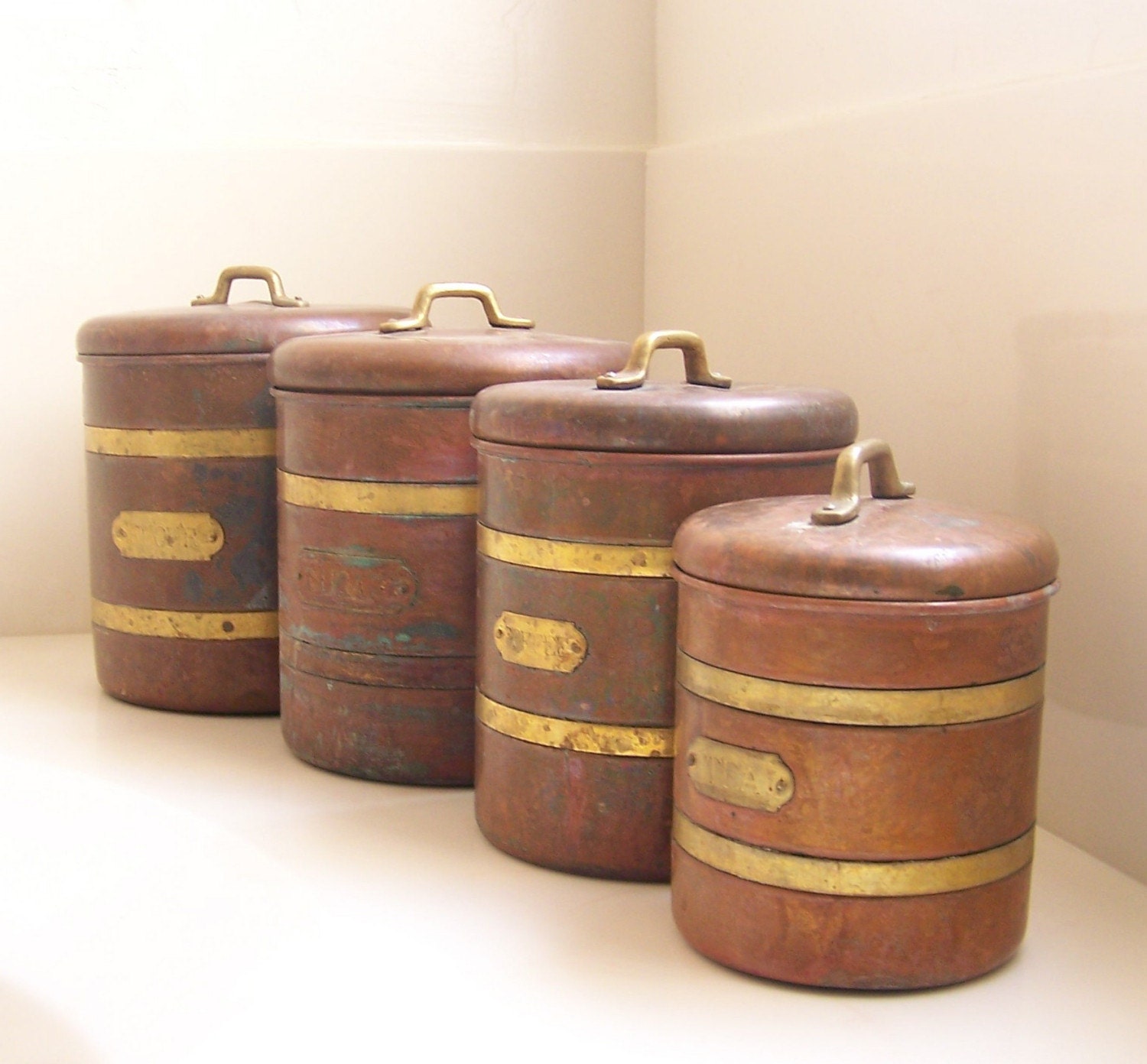 vintage lidded copper canisters set of 4 SALE