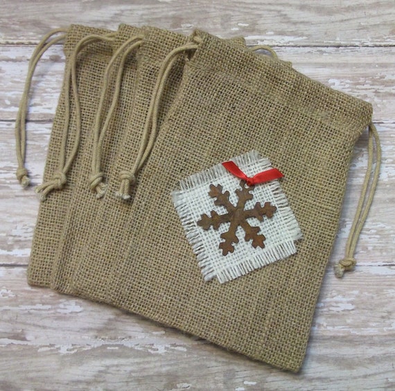 Christmas Burlap Gift Bags with Rusty Metal Snowflake