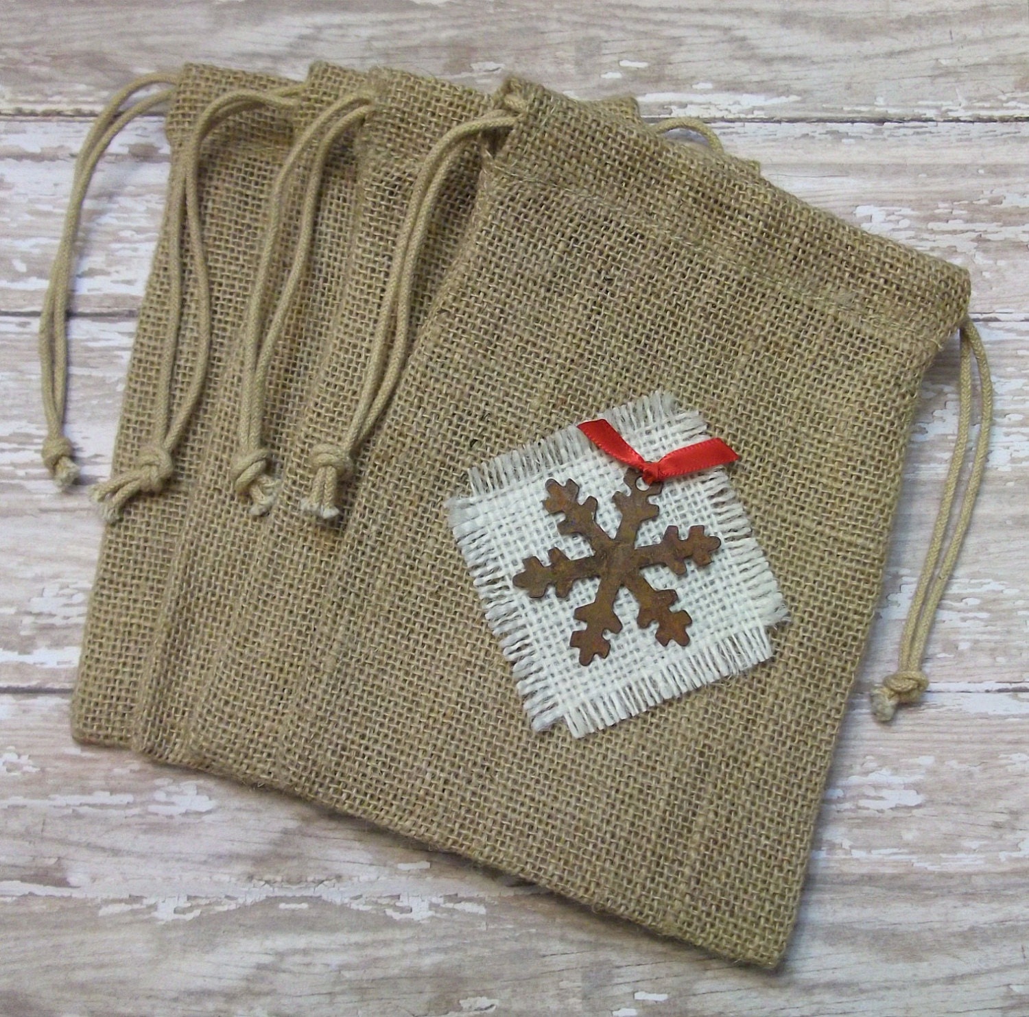 Christmas Burlap Gift Bags with Rusty Metal Snowflake
