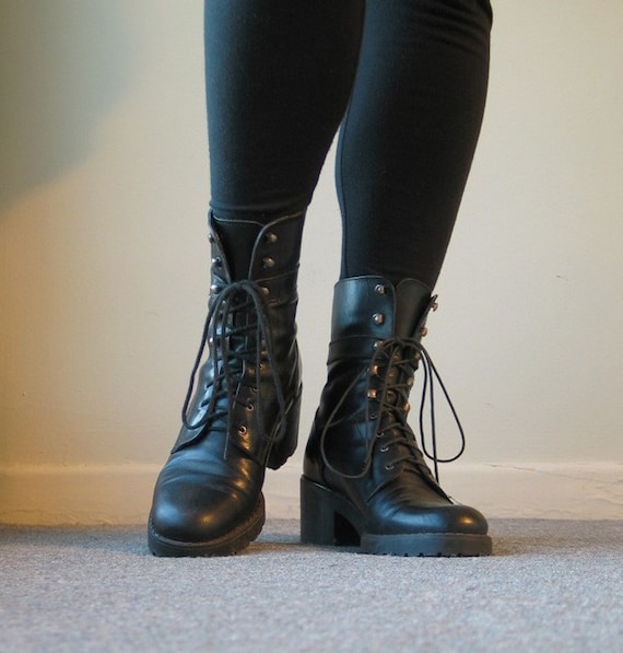 90s Black High Heel Combat Boots size 6.5 Chunky Heel Grunge