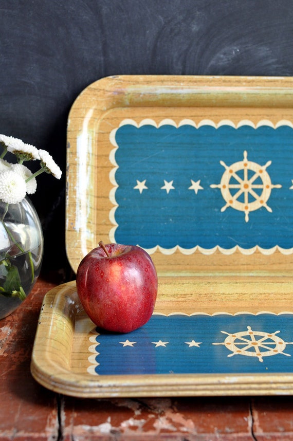 Vintage Nautical Serving Party Tray Set Ships Wheel Mid