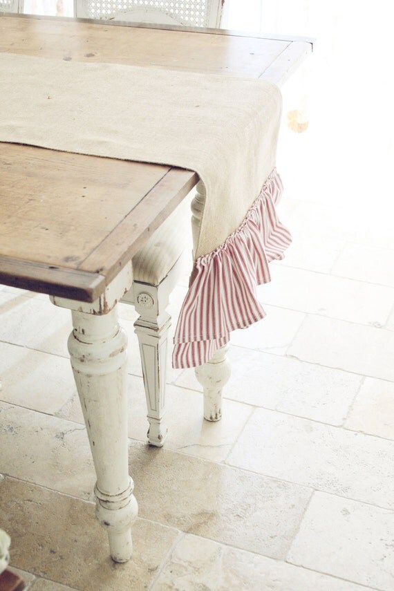 Handmade Burlap Table Runner with Red and White Ticking Stripe