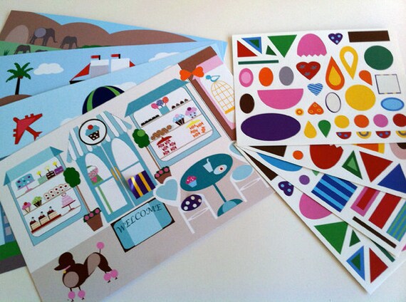 Kids' Hidden Shape Sticker Scenes Four Scene Cards w/