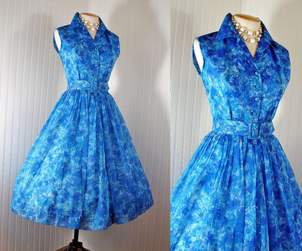 Vintage 1950s Dress BLUE BLUE SEA Chiffon Roses Full by jumblelaya