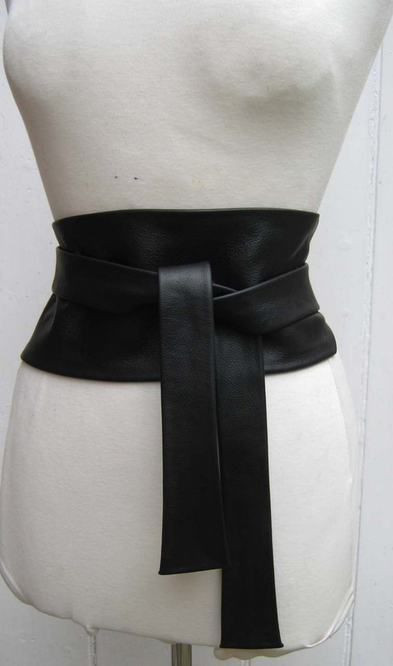 Black luxury leather wide obi cinch belt by elizabethkelly on Etsy