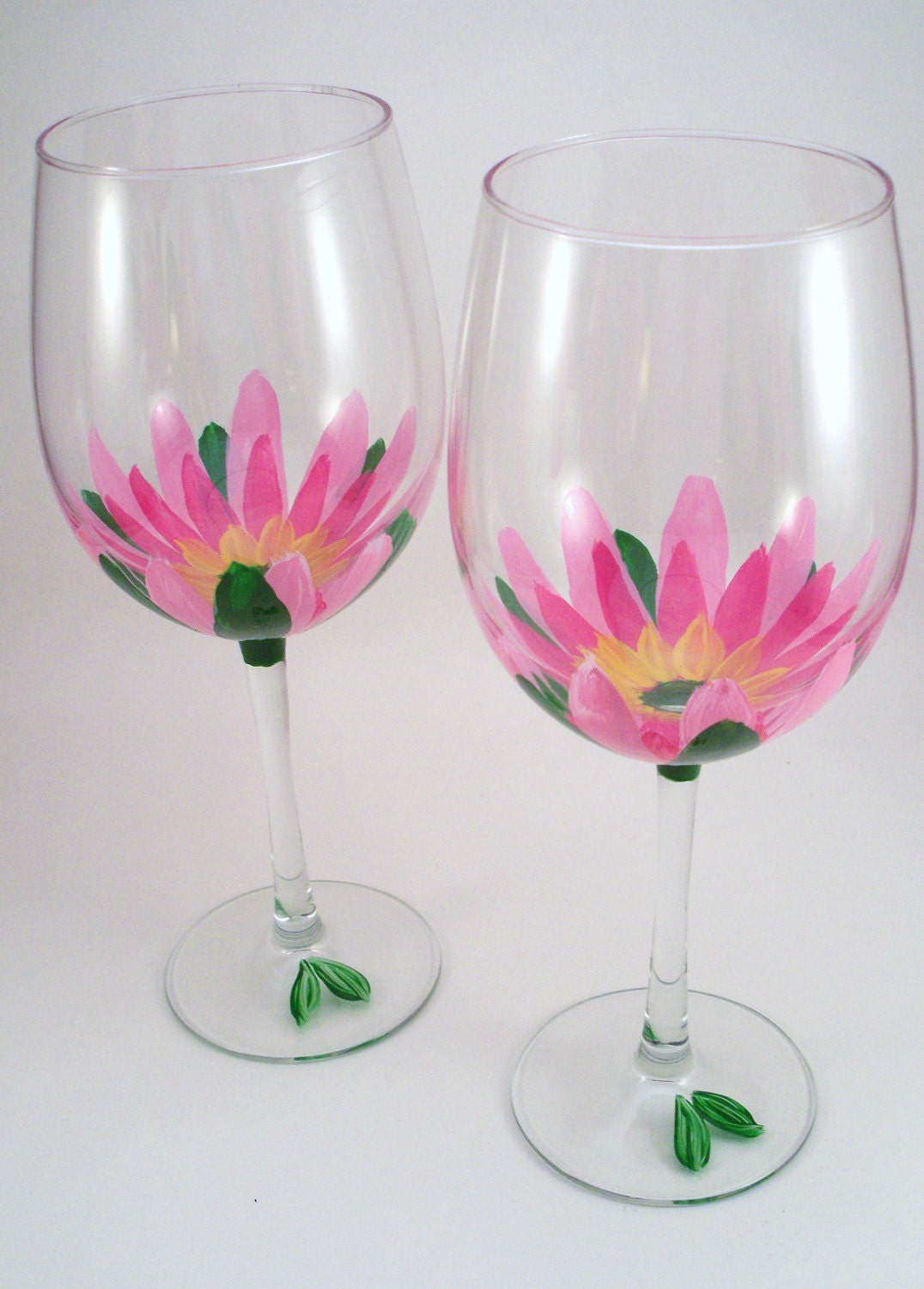 Painted wine glasses Pink lotus flowers floral glassware