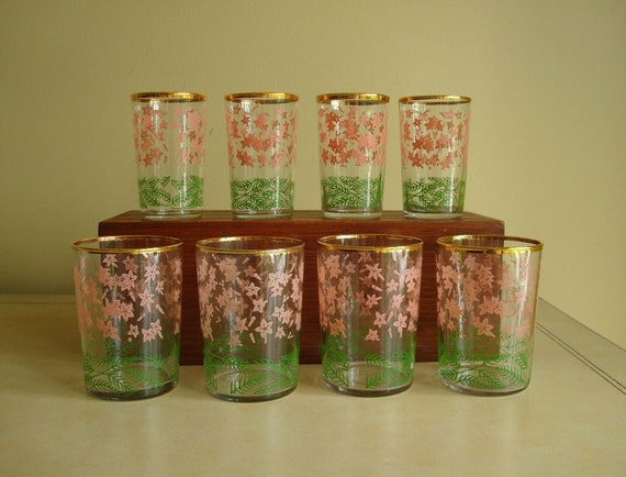 Vintage Drinking Glasses Pink Flowers 2 Sizes Set Of 8