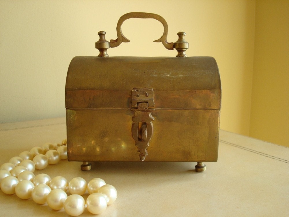 Vintage brass treasure chest a keepsake box with rich patina