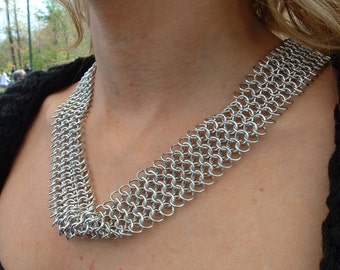 Long Statement Pull Over Aluminum Chainmail Necklace Cowl, Alunimum Necklace, Chainmaille