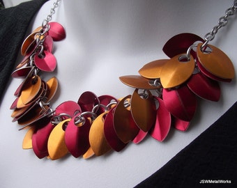 Red and Orange Aluminum Necklace, Chainmail Necklace, Scalemail Necklace
