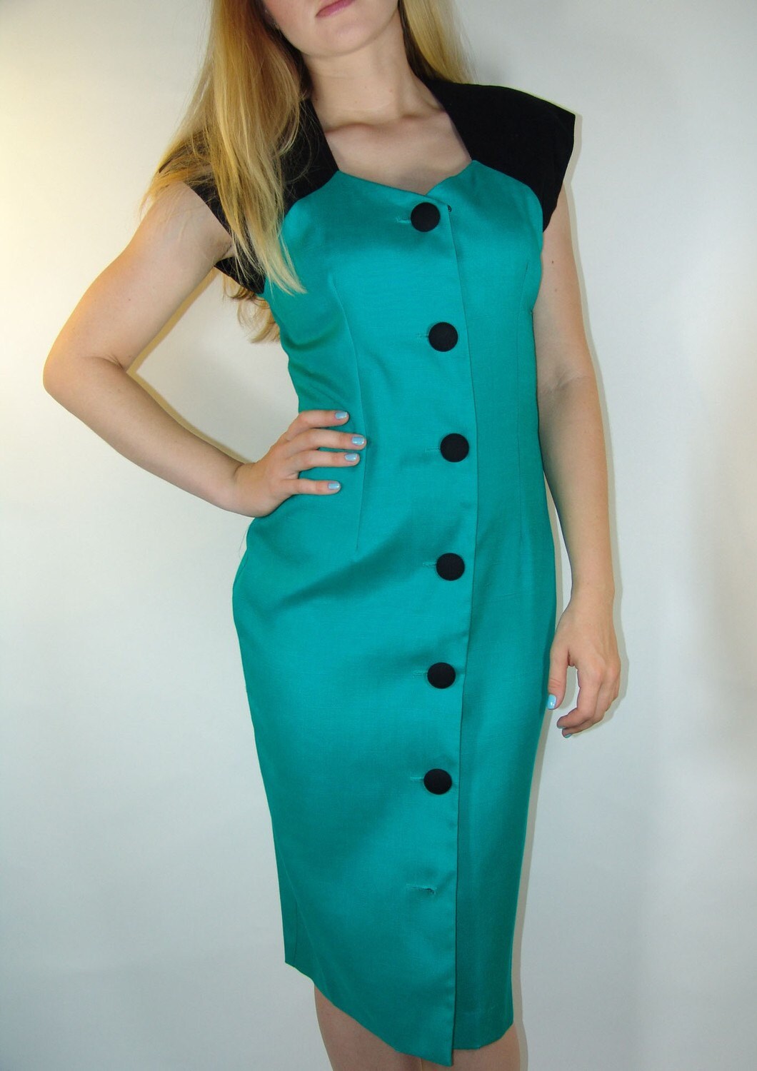 Vintage Green and Black Button Front Dress NEVER WORN
