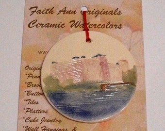 MERCHANDISE MART, CHICAGO personalizable ornament handmade ceramic watercolor hanging colorful original design by Wisconsin artist
