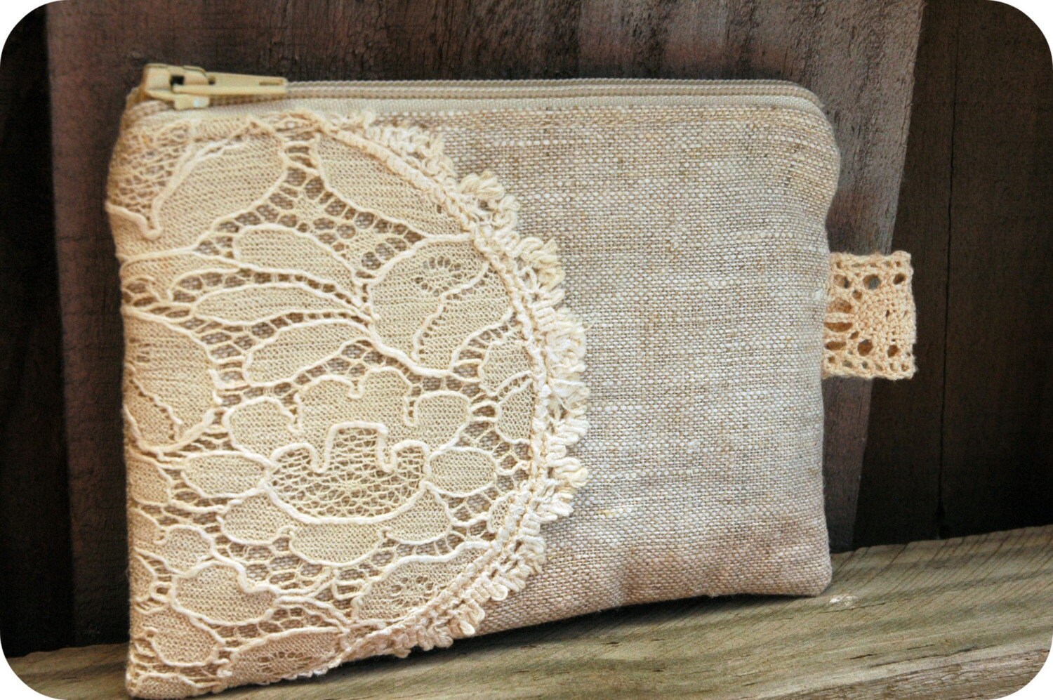 Coin Purse with Vintage Lace and Natural Linen