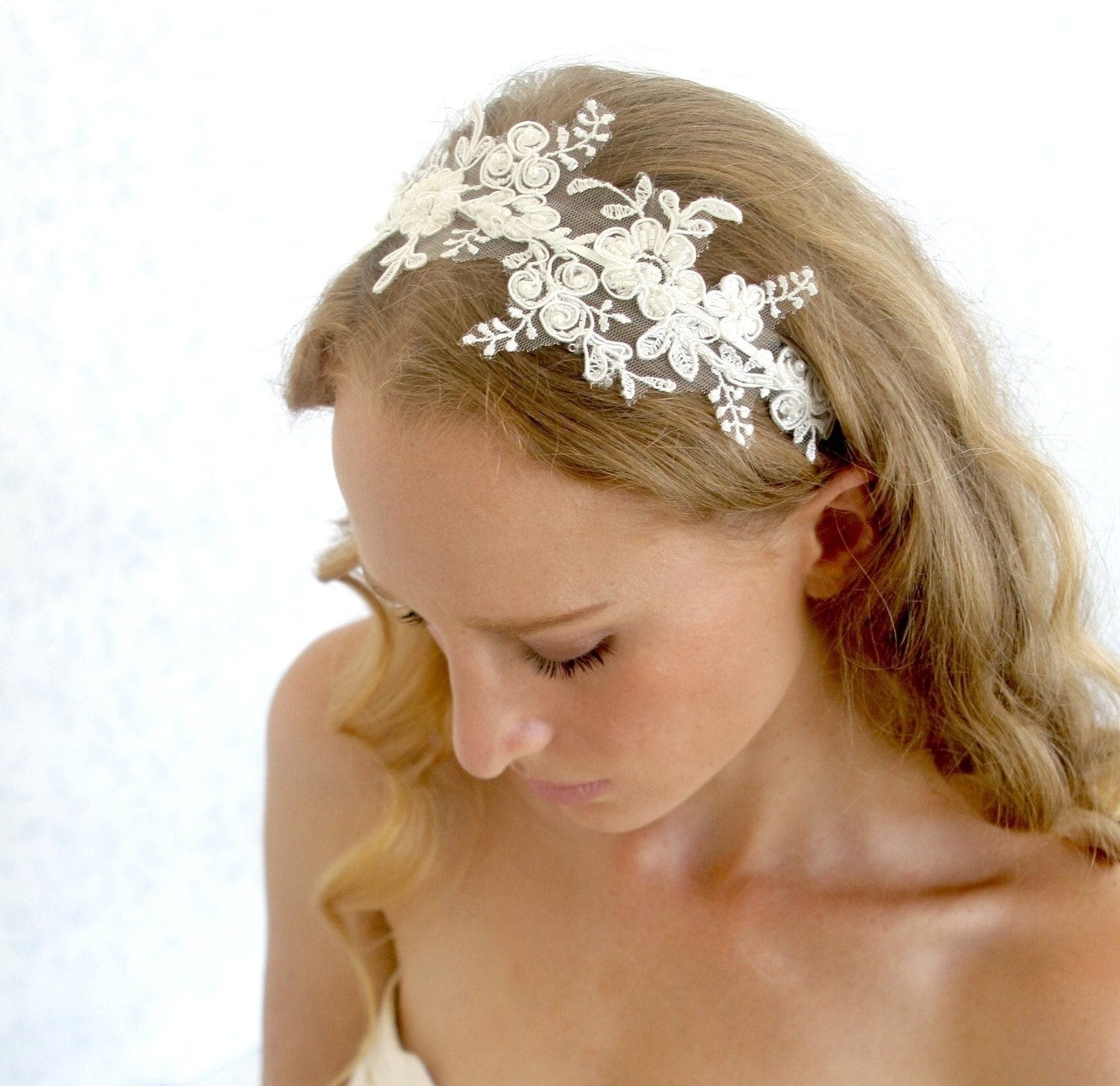 lace headpiece Bridal Ivory beaded lace with pearls wedding