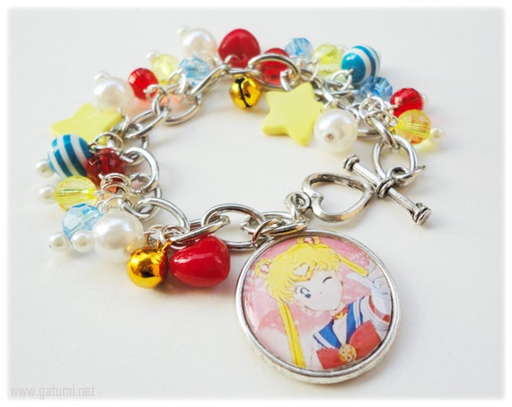 Sailor Moon Chunky Charm Bracelet with Heart Bell and Stars