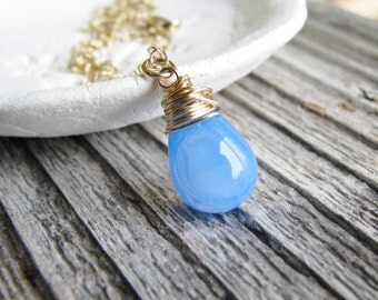 Blue Glass Drop Necklace Gold Filled Necklace Czech Glass Briolette Wire wrapped Jewel Minimalist Modern 14kt Gold Filled Chain