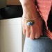 Flower Charm Bangle Bracelets Blue Acrylic Cabochon Heart Button Botanical Jewelry Garden Inspired Upcycled Vintage Czech Glass Bead