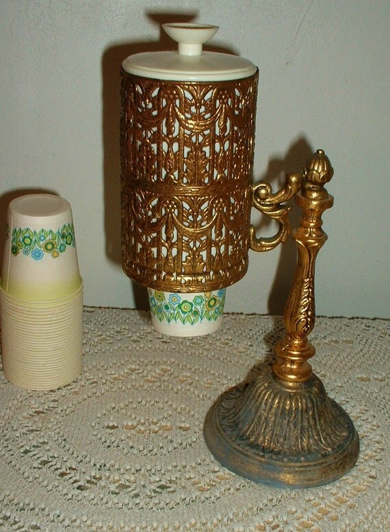 Vintage Metal Ornate Goldtone Dixie Cup Dispenser Holder