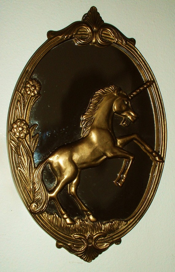 Solid Brass Oval Framed Mirror Horse Unicorn by MostlyMadelines