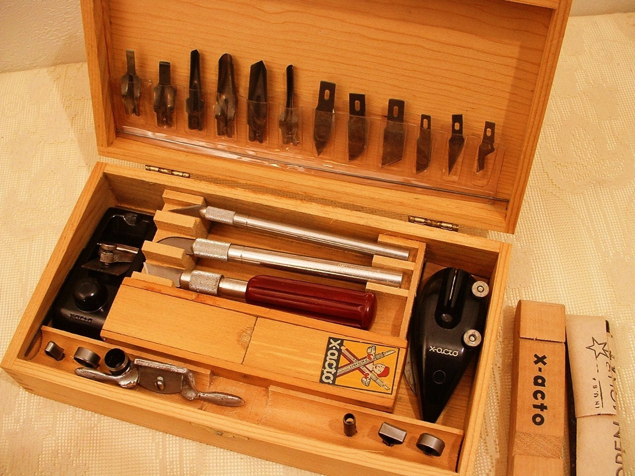 Vintage X Acto Knife Tool Set in Dovetail Wood Box
