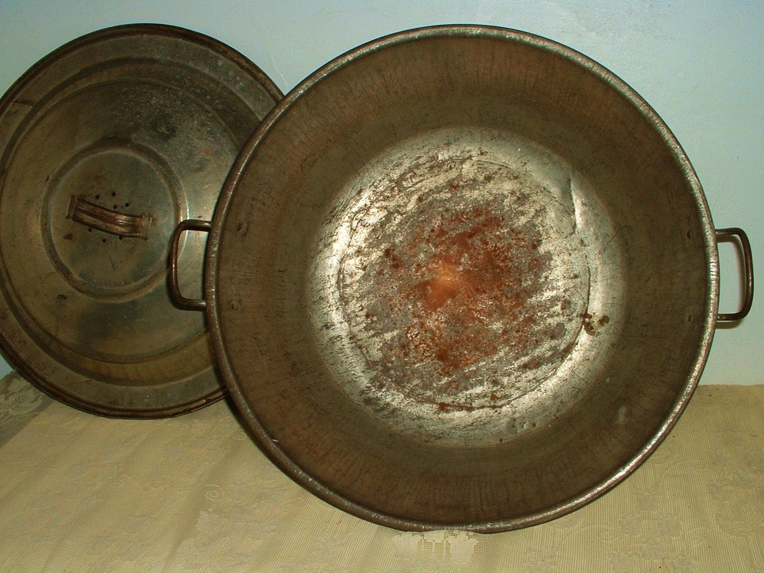 Antique Metal Dough Rising Pan Bowl with Lid HUGE and VERY