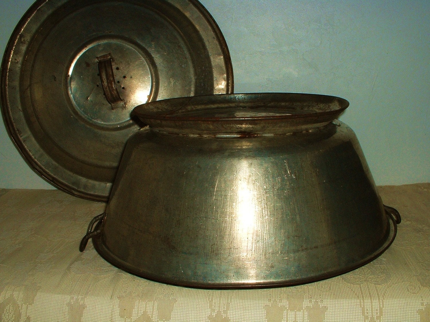 Antique Metal Dough Rising Pan Bowl with Lid HUGE and VERY