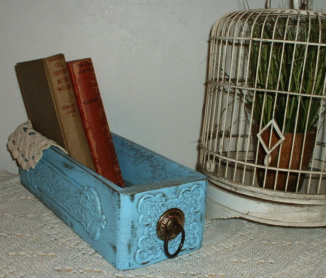 Upcycled Antique Sewing Machine Drawer Wood Box Turquoise
