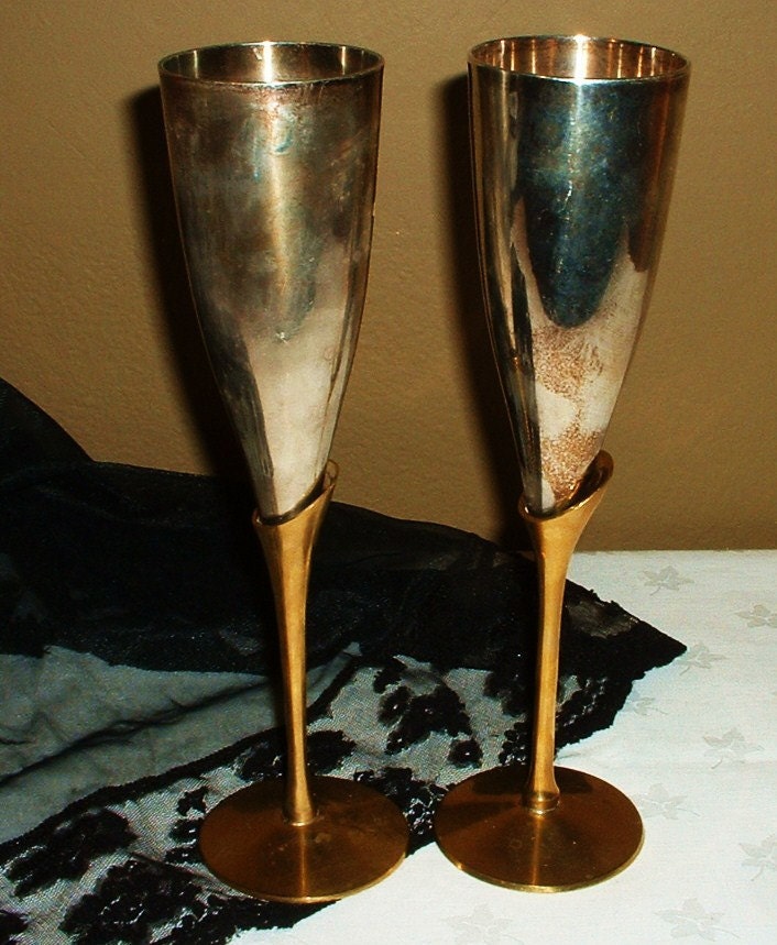 Set of 2 Beautiful Silver and Brass Champagne Flutes Wine