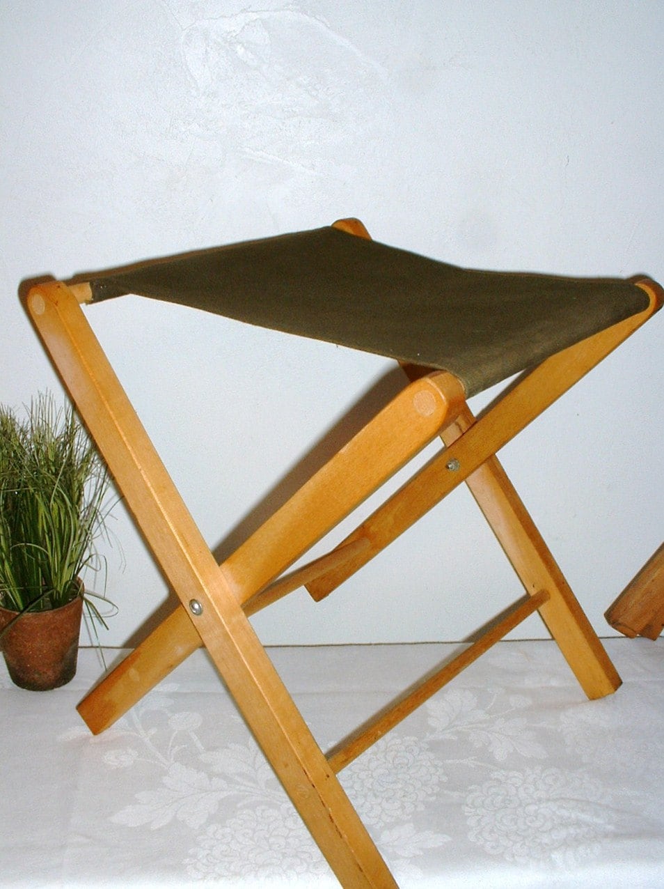 Vintage Wood Folding Camp Stool Army Green Canvas Seat Extra