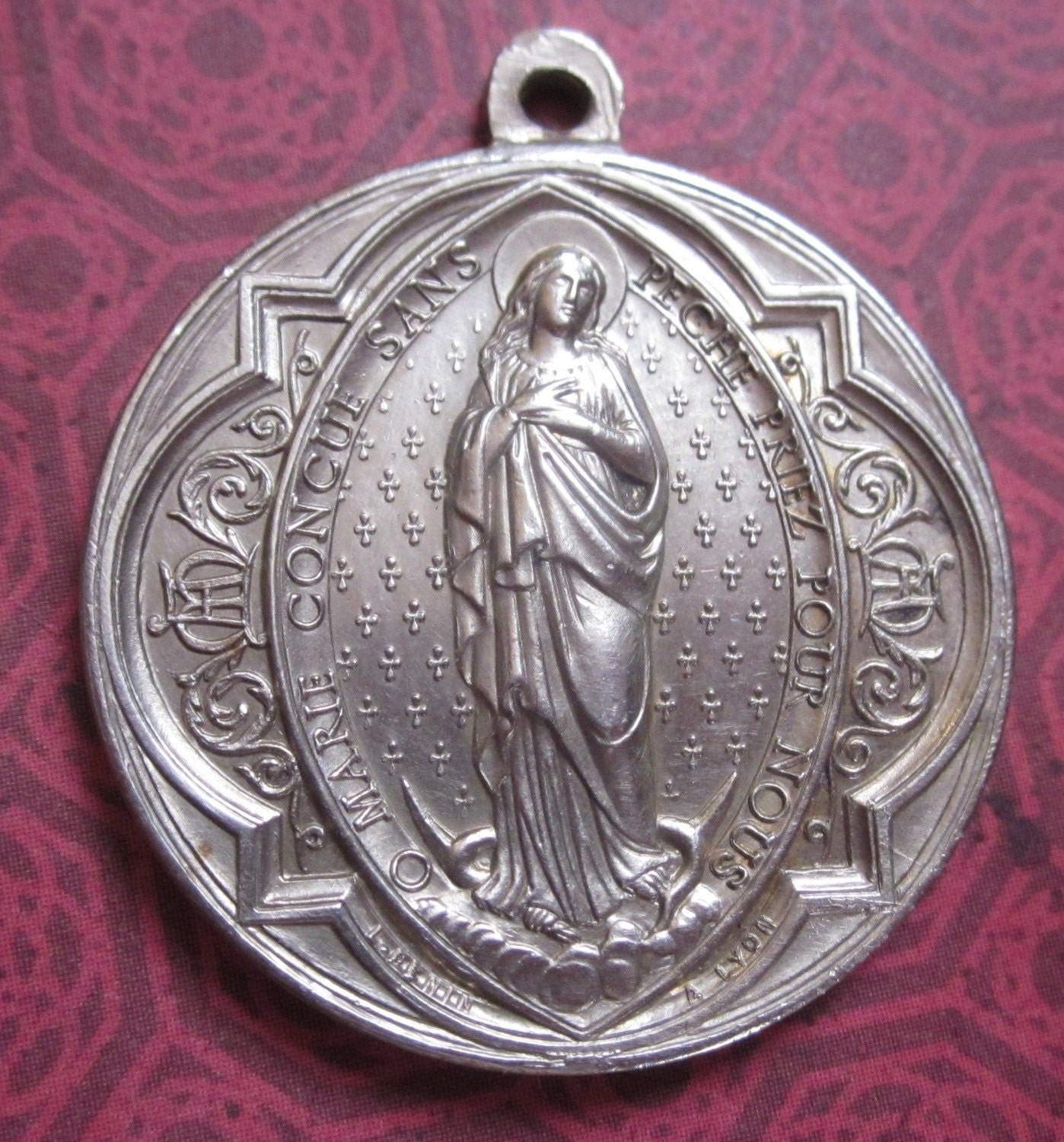 Antique French Immaculate Heart of Mary Religious Medal Signed