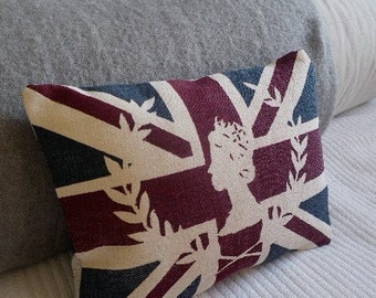 handprinted union jack flag cushion with royal silhouette inlay