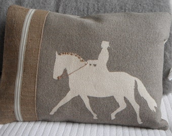 Handprinted dressage horse and rider cushion