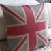 rustic handprinted hessian union jack flag cushion cover