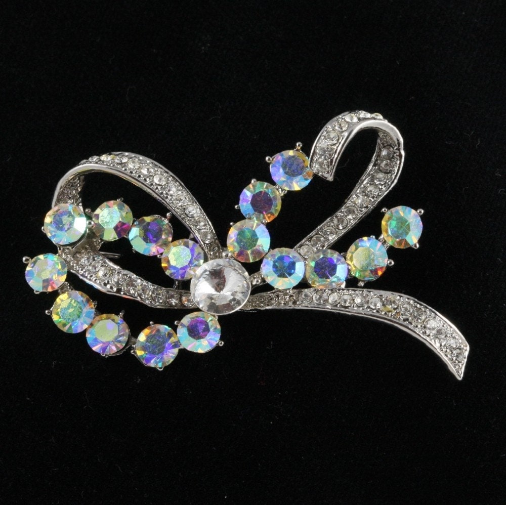 Aurora Borealis Rhinestone Bow Pin Brooch Vintage Jewelry