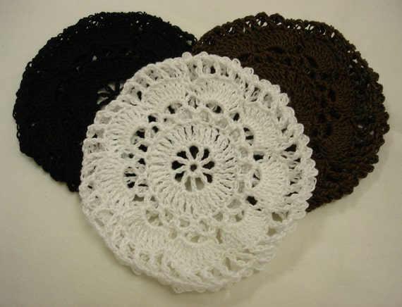 Hair Net / Bun Cover Flower Style Crocheted Black Brown White Set of 3