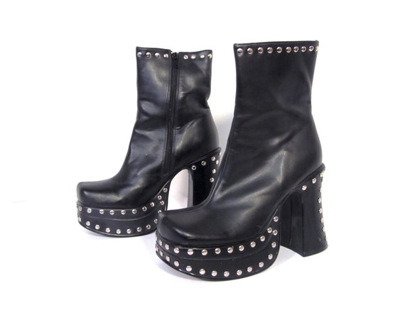 Vintage KISS Glam Rock Black Studded Platform Ankle Boots