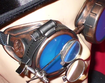 Steampunk Goggles Glasses AVIATOR Copper magnifying lens loops---RARE-----Time Travel Crazy Scientist's Oculo-Vision Tool