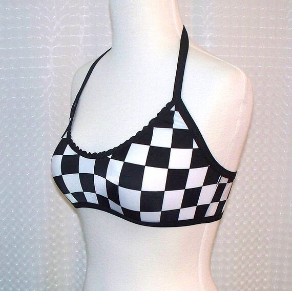 black n white checkered spandex xs s m l xl halter by radrocket black n white checkered spandex xs s m l xl halter by radrocket