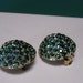 Vintage AB crystal blue green goldtone button clip earrings costume jewelry