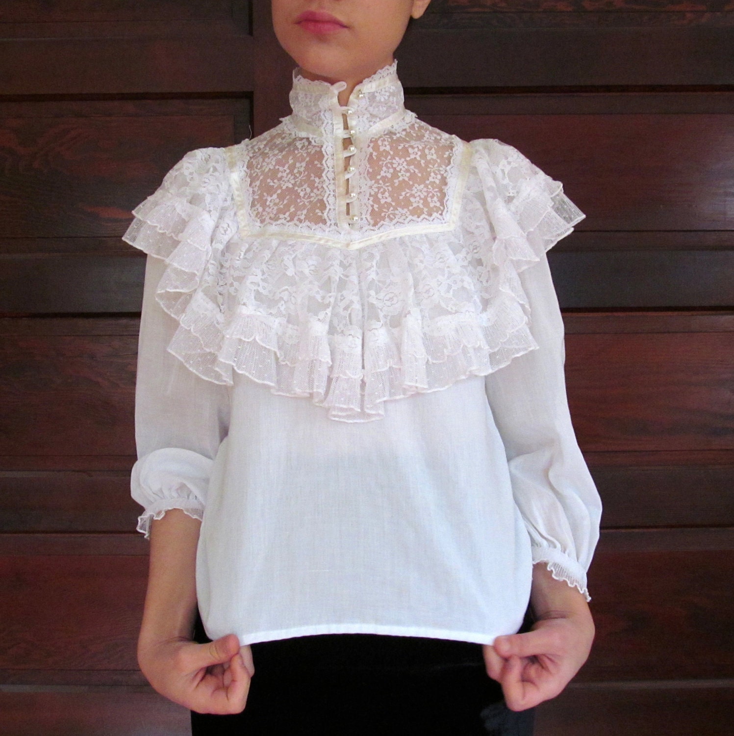 1970s LACEY VICTORIAN BLOUSE High Neck White S by BloodtoBloom