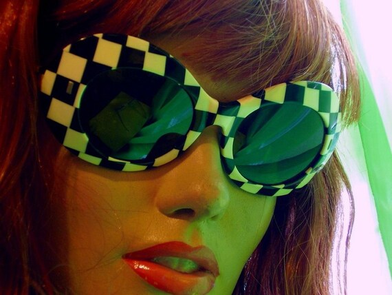 Op Art 1960s Black And White Checkered Vintage Sunglasses From