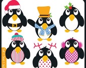 Happy Penguins ORIGINAL digital clip art illustration set - cute penguins, ice, snow, arctic, winter, scrapbooking, christmas, holly berries, cold penguins, north pole, birds, cute birds, holiday birds, fun penguins - Personal and Commercial Use Clip Art Il_170x135